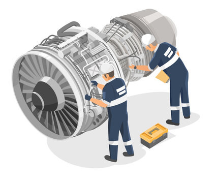 Aircraft Engineer Jet Engine Maintenance Engineering Technicians Checking Service Airplane Turbine Diagram Inside For Maintenance Isometric Isolated On White