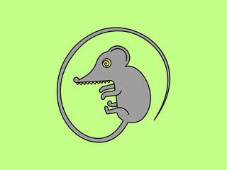 Gray crazy mouse with teeth on a light green background. Flat vector illustration.