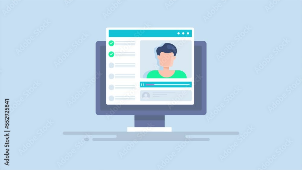 Poster teacher providing instruction with video tutorial on pc screen, online course completion certificate