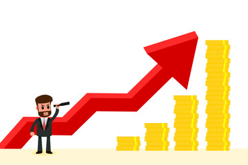 Businessman searching ways to growth. Man looking at the goal of success. Finding opportunities for self-improvement. Business Concept. Vector illustration