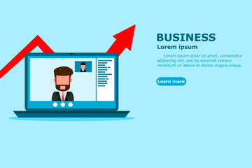 Businessman talking by internet in laptop. Online meeting. Designed can use for web banner. Business Concept. Vector illustration