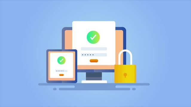 Secure website login on digital screen, managing privacy and security setting online concept animation.
