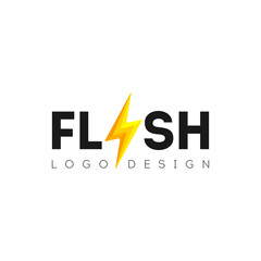 Flash logo design with lightning symbol. Abstract gold speed electricity 3D logo template. Bolt energy icon with text. Vector flash power energy speed logo design