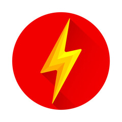 Lightning icon flat design with long shadow. Flash symbol  in red circle on white background. Vector illustration
