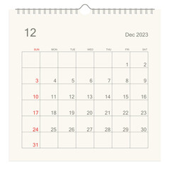 December 2023 calendar page on white background. Calendar background for reminder, business planning, appointment meeting and event. Week starts from Sunday. Vector illustration.