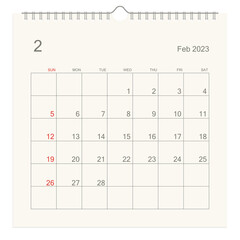February 2023 calendar page on white background. Calendar background for reminder, business planning, appointment meeting and event. Week starts from Sunday. Vector illustration.