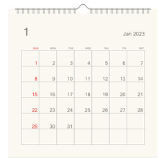 January 2023 calendar page on white background. Calendar background for reminder, business planning, appointment meeting and event. Week starts from Sunday. Vector illustration.