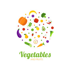 Vegetables and fruits logo concept. Healthy food circle with different fruits and vegetables icons. Abstract logo for organic shop, vegetarian cafe, vegan store. Vegan nutrition vector