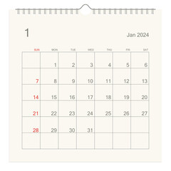 January 2024 calendar page on white background. Calendar background for reminder, business planning, appointment meeting and event. Week starts from Sunday. Vector illustration.