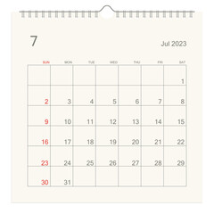July 2023 calendar page on white background. Calendar background for reminder, business planning, appointment meeting and event. Week starts from Sunday. Vector illustration.