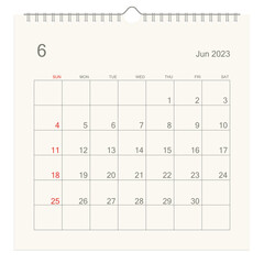 June 2023 calendar page on white background. Calendar background for reminder, business planning, appointment meeting and event. Week starts from Sunday. Vector illustration.