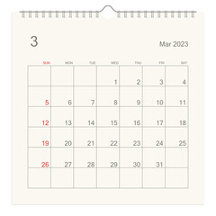 March 2023 calendar page on white background. Calendar background for reminder, business planning, appointment meeting and event. Week starts from Sunday. Vector illustration.