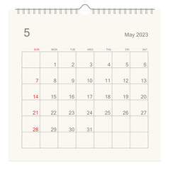 May 2023 calendar page on white background. Calendar background for reminder, business planning, appointment meeting and event. Week starts from Sunday. Vector illustration.