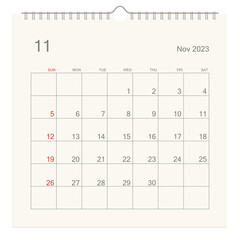November 2023 calendar page on white background. Calendar background for reminder, business planning, appointment meeting and event. Week starts from Sunday. Vector illustration.