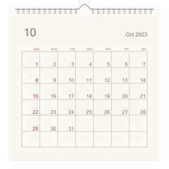 October 2023 calendar page on white background. Calendar background for reminder, business planning, appointment meeting and event. Week starts from Sunday. Vector illustration.