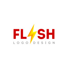 Flash logo design with lightning symbol. Abstract gold speed electricity 3D logo template. Bolt energy icon with text. Vector flash power energy speed logo design