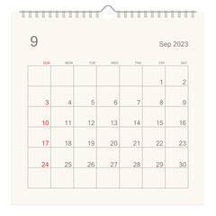 September 2023 calendar page on white background. Calendar background for reminder, business planning, appointment meeting and event. Week starts from Sunday. Vector illustration. - obrazy, fototapety, plakaty