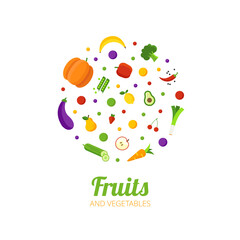 Fruits and vegetables logo design. Healthy food circle with different fruits and vegetables icons. Abstract illustration for organic shop, vegetarian cafe, vegan store. Vegan nutrition. Vector