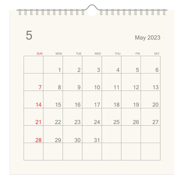 May 2023 Calendar Page On White Background. Calendar Background For Reminder, Business Planning, Appointment Meeting And Event. Week Starts From Sunday. Vector Illustration.