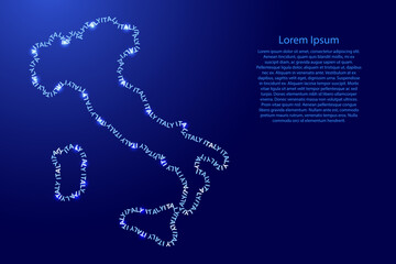 Italy map country along contour of recurring english blue words name of state and glowing space stars