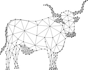 Cow with horns, an farm pet, from abstract futuristic polygonal black lines and dots. Low poly concept