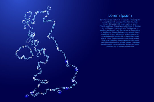 United Kingdom map country along contour of recurring english blue words name of state Great Britain and glowing space stars