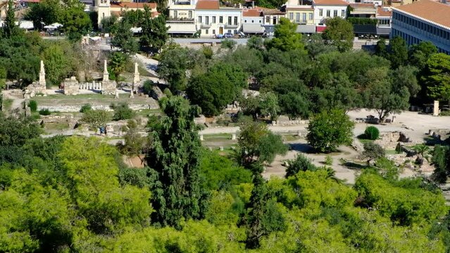 Aerial view of the Ancient Agora in downtown Athens Greece