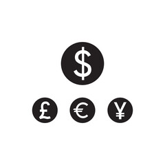 Dollar, Euro, Pound and Yen currency icons. USD, EUR, GBP and JPY money sign symbols. Icons in circles.