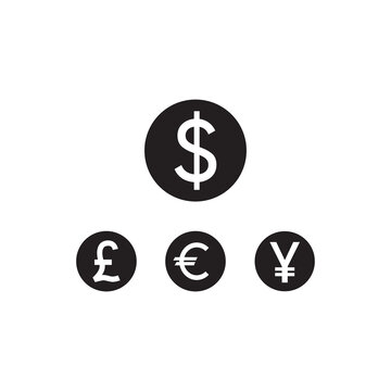 Dollar, Euro, Pound and Yen currency icons. USD, EUR, GBP and JPY money sign symbols. Icons in circles.