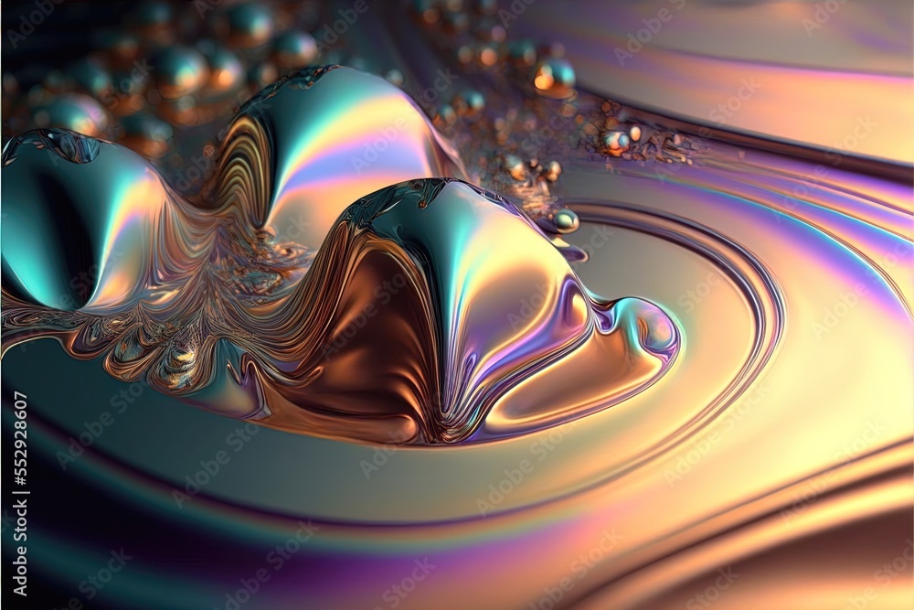 Poster a computer generated image of a liquid droplet with a blue and gold background and a gold and silver