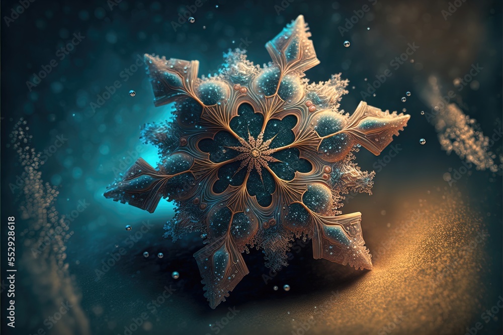 Poster a snowflake is shown on a blue background with bubbles of water around it and a star shaped object. 
