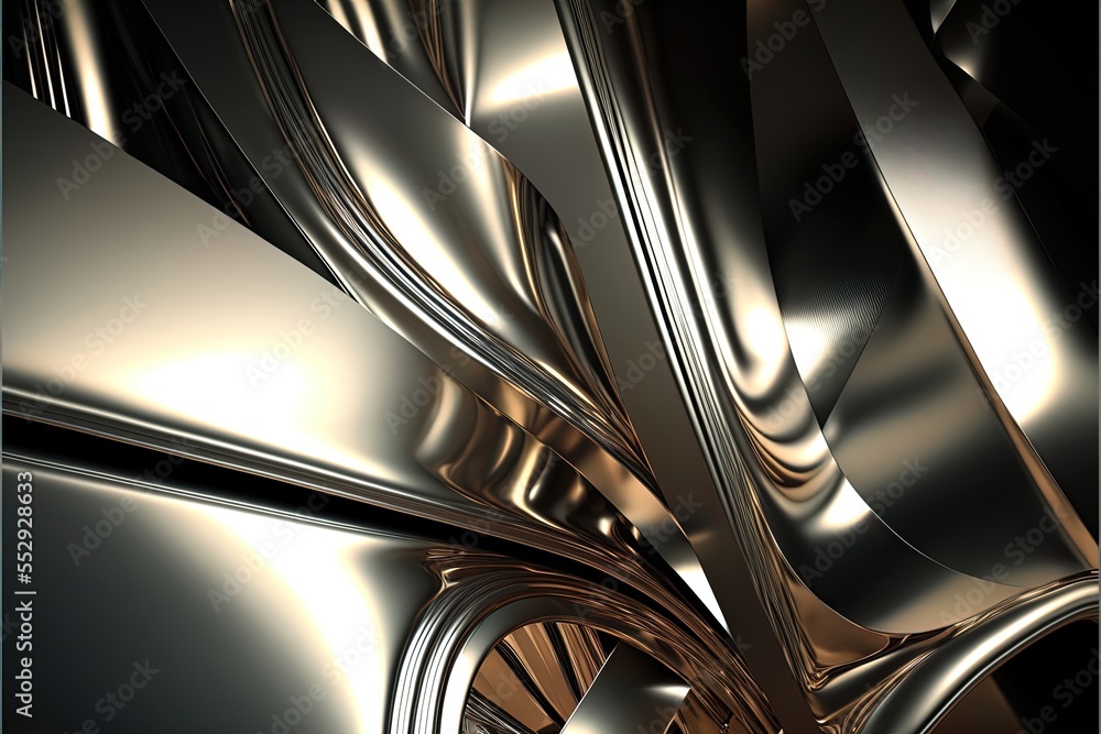 Poster a close up of a metal object with a black background and a gold background with a silver design on i