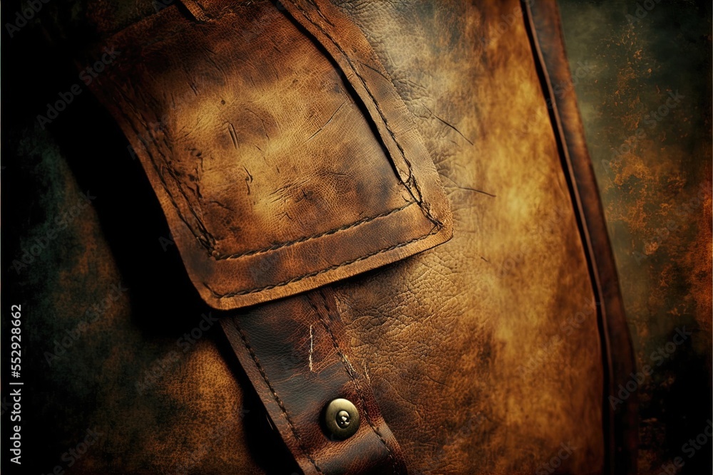 Poster a brown leather bag with a button on the side of it and a leather strap around the bottom of the bag