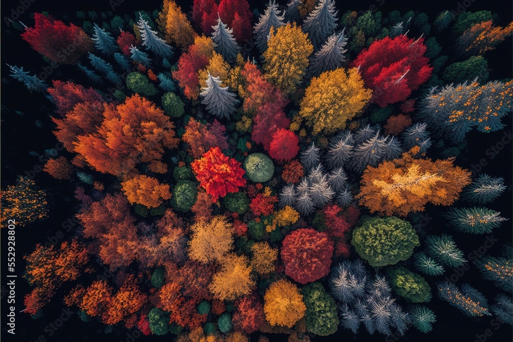 Poster a colorful aerial view of a forest with trees and shrubs in autumn colors. generative ai