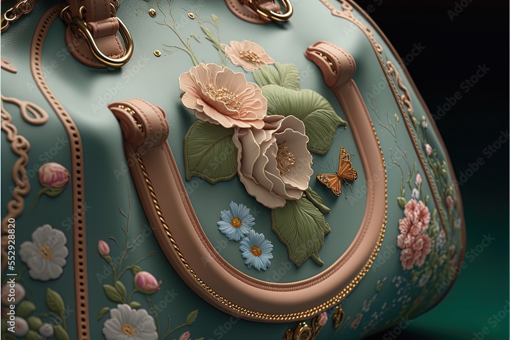 Poster a suitcase with flowers painted on it and a butterfly on the handle of it's handlebars. generative a
