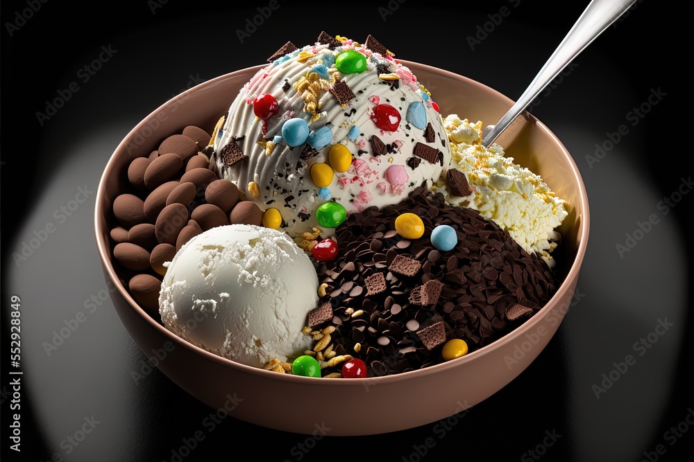 Poster a bowl of ice cream with a spoon in it and a spoon in it with candy and ice cream. generative ai