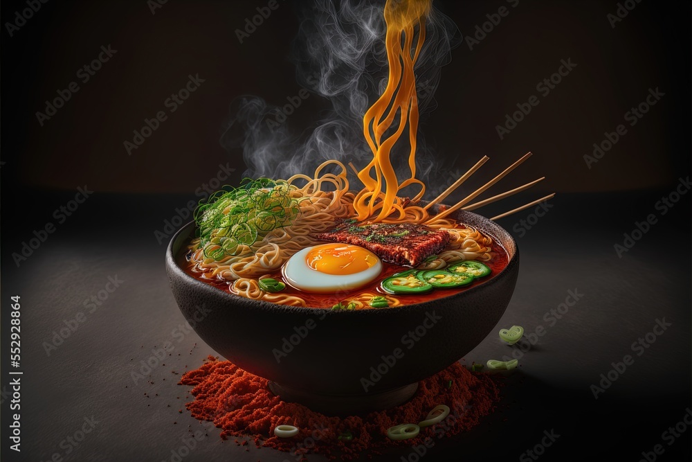Poster a bowl of noodles with chopsticks and an egg on top of it with smoke rising out of it. generative ai