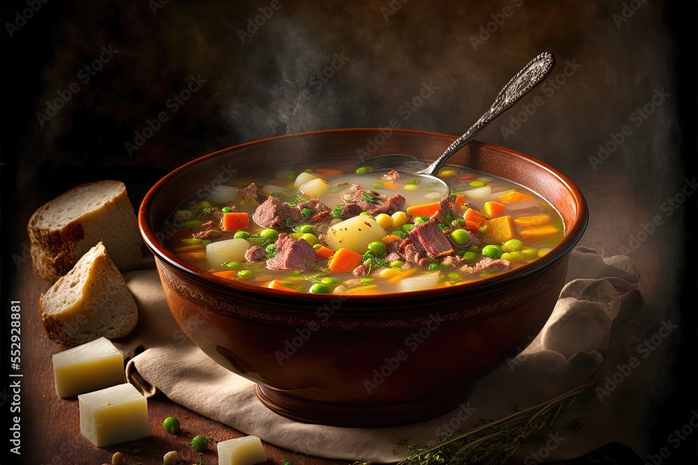 Poster a bowl of soup with meat and vegetables with a spoon in it and bread on the side of the bowl. genera