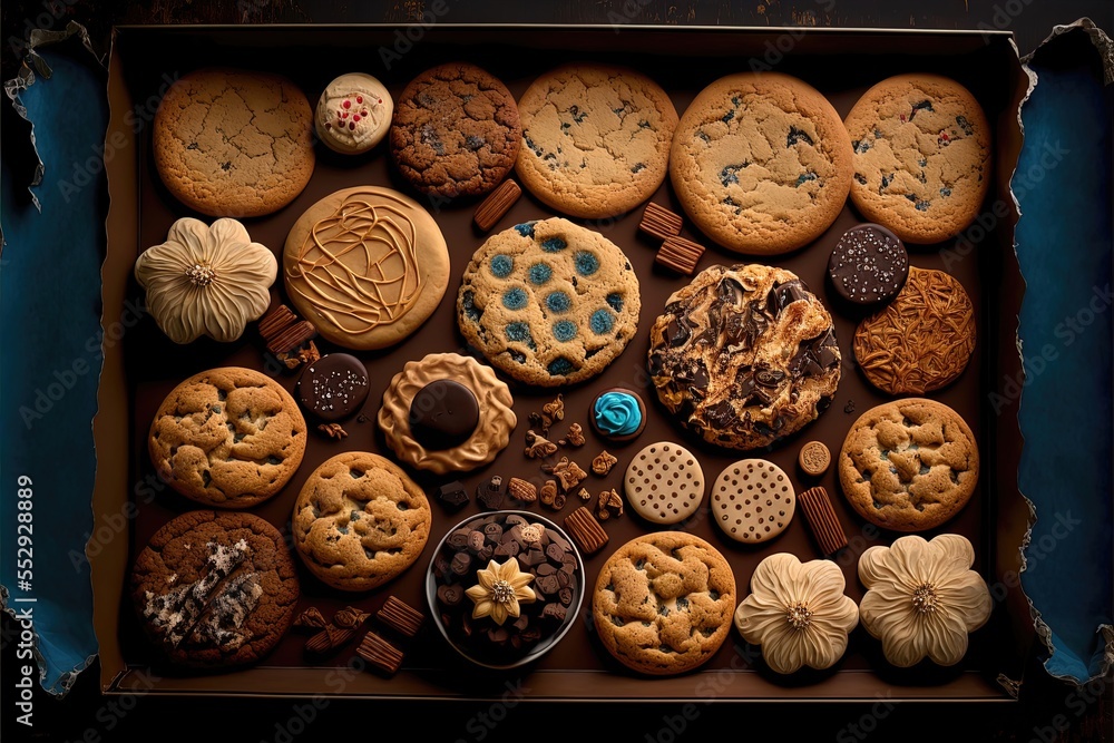 Poster a box filled with lots of different types of cookies on top of a table the box is filled with a vari