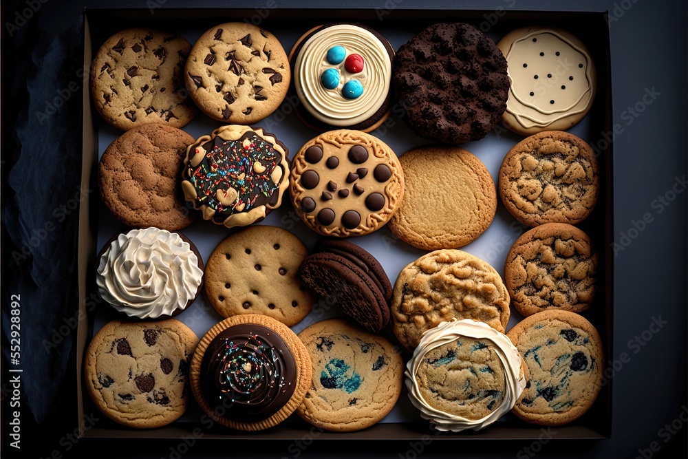 Poster a box of cookies and cookies with frosting and sprinkles on them. generative ai