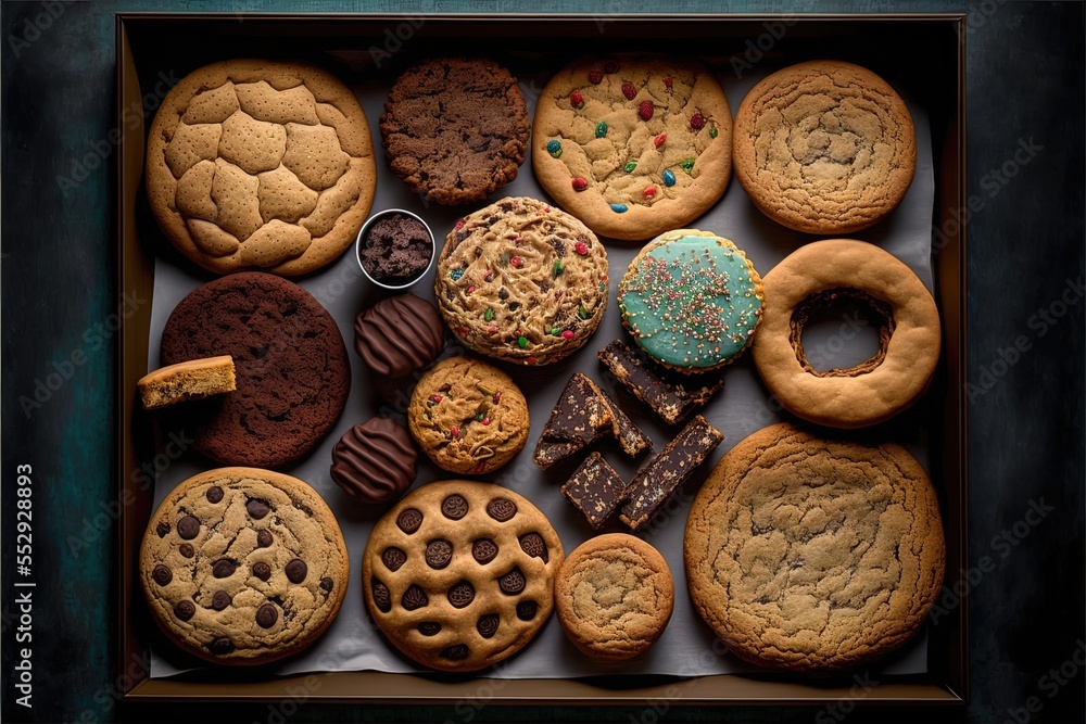 Poster a box of cookies and cookies with a cookie cutter and cookie cookies and cookies in it are arranged 