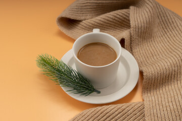 Christmas decorations and coffee on yellow background. christmas concept.