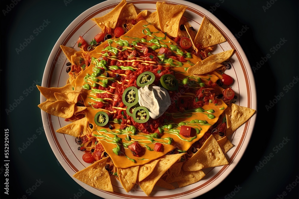 Poster a plate of nachos with sour cream and sour cream on top of them and a green and red chili. generativ