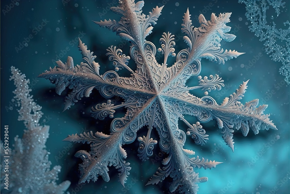 Poster a snowflake is shown in a blue background with snow flakes on it and a blue background. generative a