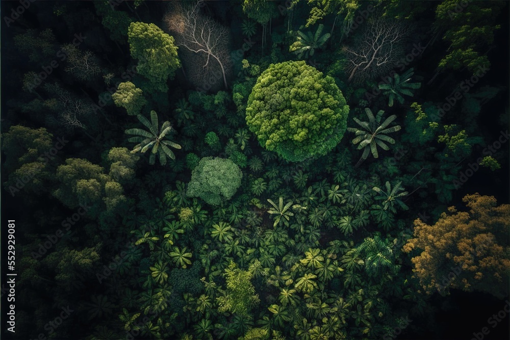 Poster a forest with lots of trees and bushes in it. generative ai