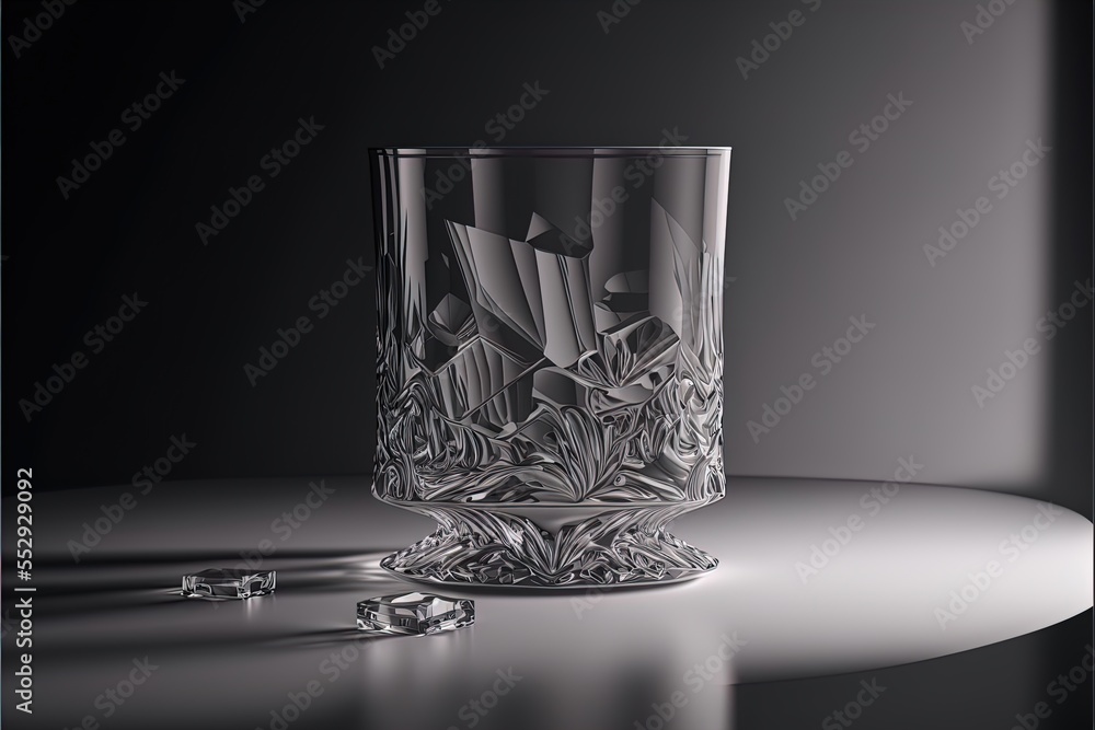 Poster a glass with a design on it sitting on a table next to a pair of silver objects on a table. generati
