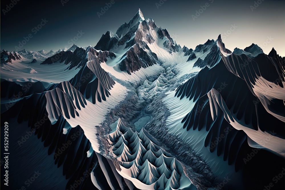 Poster a mountain range with a river running through it and snow capped mountains in the background. genera