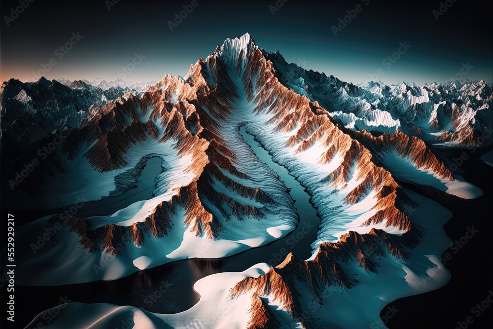 Aufkleber a mountain range with a river running through it and snow covered mountains in the background. gener