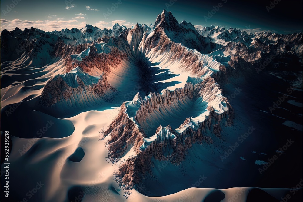 Aufkleber a very high altitude view of a mountain range in the snow with a blue sky in the background and a fe