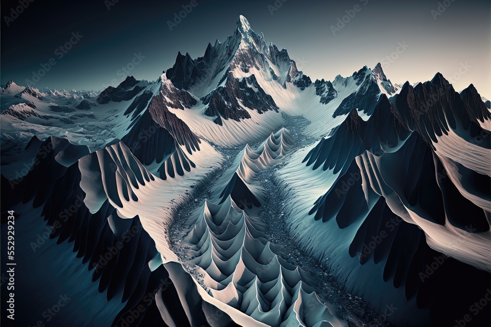 Aufkleber a mountain range with a river running through it and snow capped mountains in the background. genera